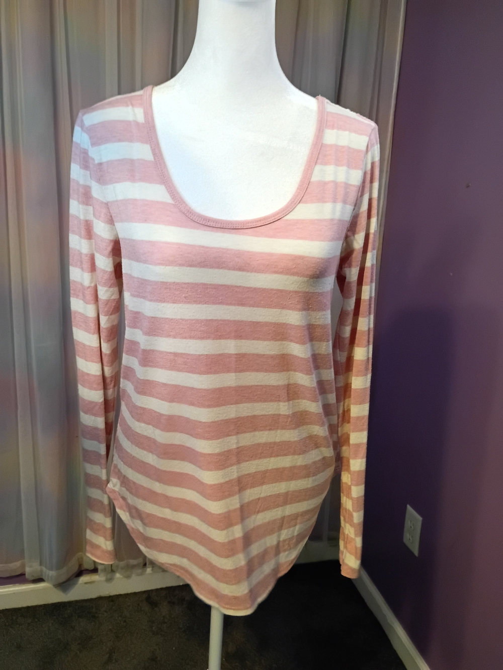 Just Be Dusty Rose Pink Cream Striped Scoop Neck Long Sleeve Top Size Small